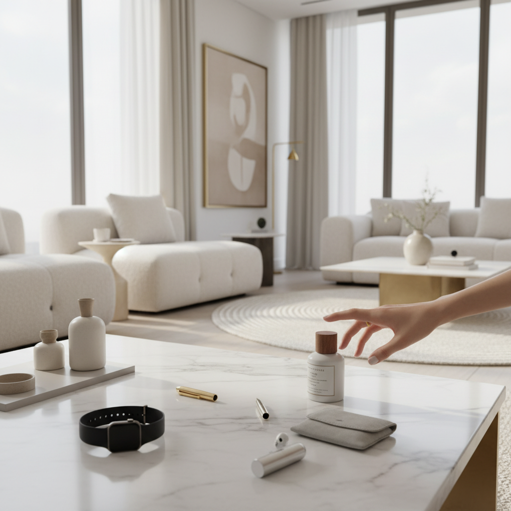 lifestyle image for a store named jaarak(neighbors in arabic). we need an image that is high-quality, does not look generated by AI , and is modern lifestyle photos that is on the luxury side and looks exclusive for very rich people for viral products 